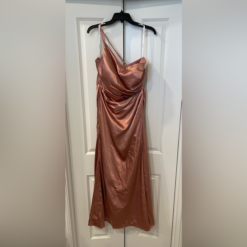 David’s bridal dress. Color, desert coral; size 14; material, charmeuse